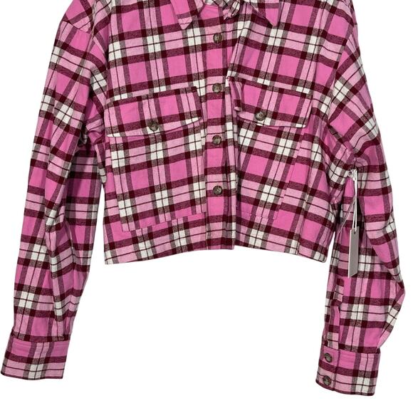 NEW Good American Cropped Shirt Women's Plus Size 5 (2X) Pink Plaid Pockets - Picture 4 of 8